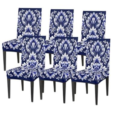 Imagem de hongjinglin Conjunto de 6 capas elásticas para cadeira de sala de jantar, capa protetora de assento étnico, azul damasco, removível, lavável, para cozinha, casa, hotel, banquete, festa de casamento