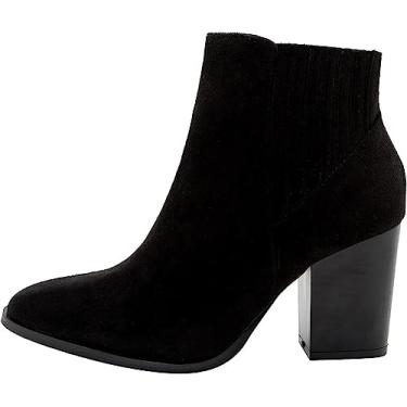 Imagem de Botas femininas de cano curto, sem fecho, bico fino, camurça, salto médio, com zíper lateral, Preto, 9.5