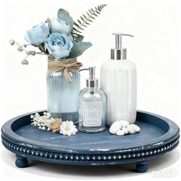 Imagem de Bandeja decorativa feita à mão de 30 cm, bandeja pequena com contas, decoração de mesa de café, bandeja redonda azul de madeira para mesa de café, mesa de sala de jantar, entrada e mesa de sala de