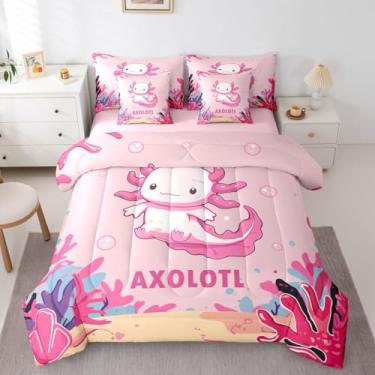 Imagem de Erosebridal Conjunto de edredom solteiro com estampa de axolote rosa, 7 peças, estampa kawaii, rosa, vida marinha, para mulheres, homens, oceano, vida selvagem, coral