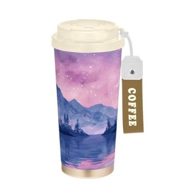 Imagem de SEHANY Caneca de viagem com paisagem de montanha em aquarela de 482 g, copos de café reutilizáveis revestidos de cerâmica com tampa à prova de vazamento, parede dupla, isolamento a vácuo, copo de café