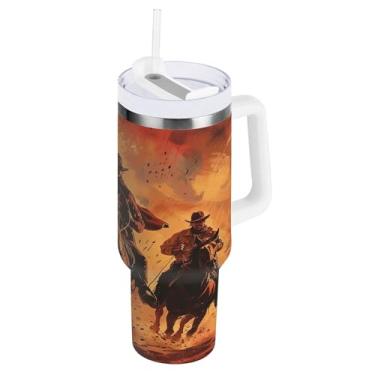 Imagem de xigua Copo vintage Western Cowboy de 1,134 g com tampa e canudo, aço inoxidável de vácuo duplo isolado garrafa de água esportiva suporte para copo de café de viagem à prova de vazamento para bebida