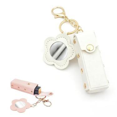 Imagem de Porta-chaves de batom portátil – Protetor labial espelhado em forma de coração, mangas protetoras de couro, suporte de batom para mulheres, viagens, armazenamento de maquiagem