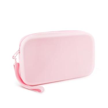 Imagem de FuninCrea Bolsa de maquiagem de silicone, estojo de lápis à prova d'água com alça de pulso, bolsa de cosméticos pequena para bolsa compacta de viagem para escova de dentes de batom, rosa, 8 x 4.8 x