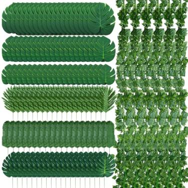 Imagem de XunYee Conjunto de decoração de 168 peças de trepadeiras artificiais de folhas tropicais e folhas de palmeira Monstera, trepadeiras falsas de hera verde, folhas falsas para chá de bebê, safári