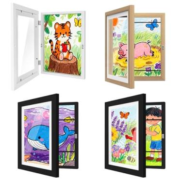 Imagem de Pacote com 4 molduras de arte infantis, 21 x 28 cm, moldura de exibição de imagem com abertura frontal para parede, comporta 100 desenhos para armazenamento de artesanato, decoração de quarto
