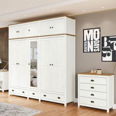 Imagem de Conjunto Quarto: Guarda-roupa 10 Portas, Cômoda 4 Gavetas Branco/freijó Topázio Madeira Pinus - Finestra