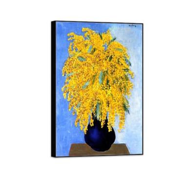 Imagem de BMZFYBS Pintura de arte de parede de flores - Imagem de decoração vintage - Vaso de Mimosas - Impressões em tela moldura preta para sala de estar 50 x 75 cm 20 x 30 pol
