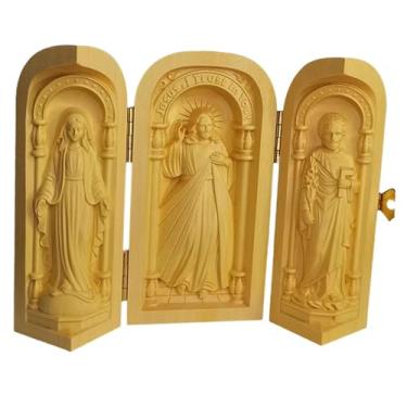 Imagem de Fenteer Caixa tríptica com ícones católicos esculpidos em madeira e figuras sagradas, ornamento religioso leve para presente.