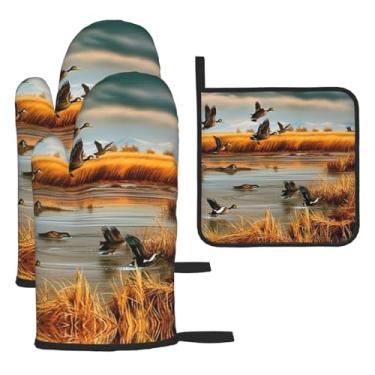 Imagem de Hunting Flying Wild Duck – Conjunto de cozinha essencial com 3 peças, luvas resistentes ao calor e aderência da tampa, proteção para churrasco no forno, design de armazenamento suspenso.
