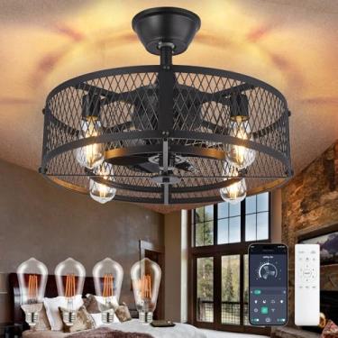 Imagem de Depuley Ventilador de teto enjaulado com luz: 50 cm preto pequeno lustre ventilador de teto com controle remoto - lustre de casa de fazenda com luminária de ventilador para quarto interno de perfil