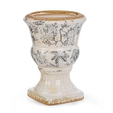 Imagem de Sungmor Vaso de urna de cerâmica pequeno - Vaso de flores com pedestal floral de rolagem cinza, vasos decorativos vintage estilo chinoiserie, suporte de vaso toscano para plantas internas e externas