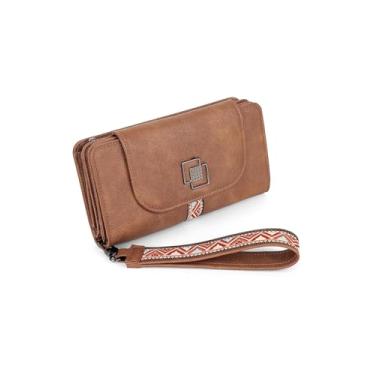 Imagem de FADEON Carteiras de couro para mulheres, bolsa de pulso grande com bloqueio de RFID e organizador de porta-cartão de crédito, 1 - Estilo retrô marrom, 4.13 x 2.13 x 7.87 inches, Vintage