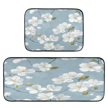 Imagem de Qilmy Tapete de cozinha com árvore de cerejeira branca, 2 peças, tapete de entrada frontal, antiderrapante, alivia a fadiga, lavável, tapete para cozinha, quarto, varanda617