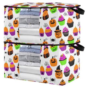 Imagem de Burbuja Bolsa colorida de armazenamento de roupas para cupcakes de Halloween com tampas e alça, embalagem com 2 recipientes de armazenamento dobráveis com zíper resistente e janela transparente para