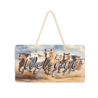 Imagem de Burbuja Placa de boas-vindas Running Horses para porta da frente, placa de boas-vindas de PVC para pendurar na parede, decoração de férias, 15 x 28 cm