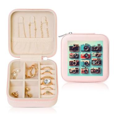 Imagem de Coleção de câmera retrô descolada, caixa de joias quadrada, estojo de armazenamento portátil para anéis femininos, brincos, colares