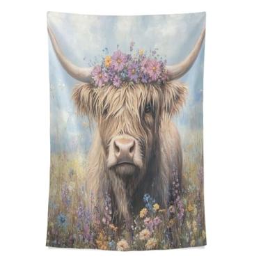 Imagem de STAYTOP Tapeçaria bonita tapeçaria de parede de gado das terras altas para decoração de casa decoração de dormitório sala de estar quarto tapete de parede (90 × 60 pol)