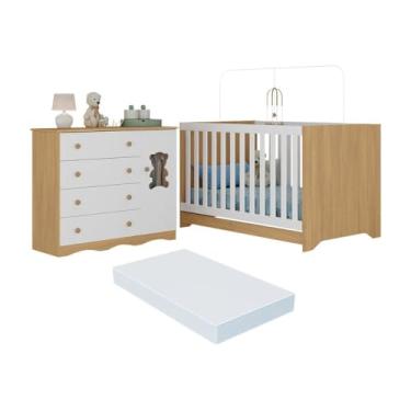 Imagem de Berço Americano 3 em 1 com Colchão Incluso e Cômoda 1 Porta 4 Gavetas Doçura Multimóveis Mp4733 Madeirado/branco