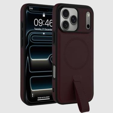 Imagem de aidvaia Capa de couro magnética para iPhone 17 Pro Max, compatível com Magsafe, capa de telefone com alça de dedo para homens (vermelho escuro, iPhone 17 Pro Max-17.5 cm).
