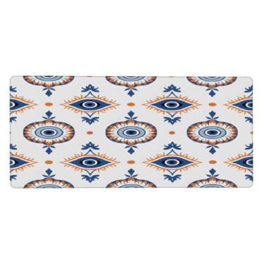 Imagem de Tapete de rato azul étnico grande olho de diabo impermeável tapete protetor de mesa estendido para computador tapete de base de borracha antiderrapante para escritório, computador, teclado, laptop e