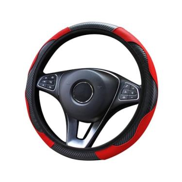 Imagem de Capa de volante padrão de fibra de carbono, ajuste universal, couro PU antiderrapante, design vermelho esportivo, sem anel interno para interior de carro