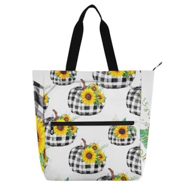 Imagem de Abóboras Branco Xadrez Girassóis Bolsas de Trabalho para Mulheres Lona Zíper Sacola de Praia Lindas Bolsas Infantis Livros Presente Amante de Livros
