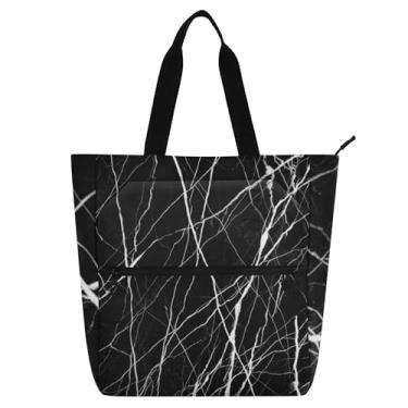 Imagem de GAIGEO Elegante bolsa feminina de mármore preto com veias brancas de lona com zíper bolsa de praia para professores com compartimentos