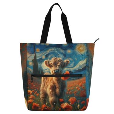 Imagem de GAIGEO Starry Night Bolsas de trabalho florais para gado Highland para mulheres, bolsas de lona para faculdade, escola, carteiro com compartimentos