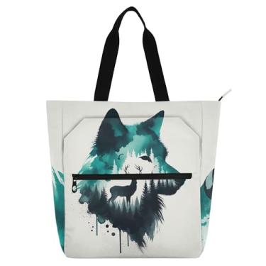 Imagem de GAIGEO Bolsa de trabalho feminina com estampa de lobo e veado em aquarela para escola, praia, escola, professores, amantes de livros