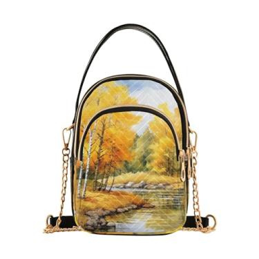 Imagem de Bolsa tiracolo feminina feita à mão com arte natalina, bolsa tiracolo moderna, bolsa tiracolo pequena para mulheres, Árvores de outono com aquarela de rio-1, One Size