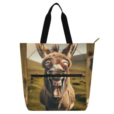 Imagem de Sacola engraçada com estampa de sorriso de burro para crianças e mulheres com zíper para escola, trabalho, praia, presente de lona reutilizável