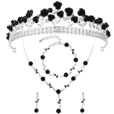 Imagem de Hicarer Conjunto de 4 peças de joias de rosas femininas, tiara de noiva, colar, pulseira, brincos, coroa de strass, faixa de cabeça, joia estética para princesa, baile, concurso, aniversário