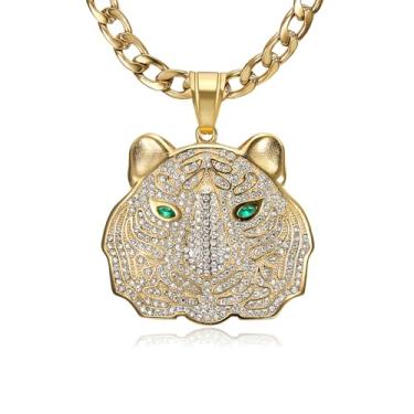 Imagem de NEGS Colar de aço inoxidável punk rock, banhado a ouro 18 K, corrente de 7 mm para homens, joias de animais hip hop, Large, Aço inoxidável, Zircônia cúbica