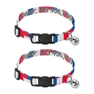 Imagem de Pacote com 2 tiras personalizadas para pescoço de cachorro pequeno Panamá vermelho azul com nome e número de telefone, faixa de pescoço de gato confortável com fecho de pressão, serve para pescoço de