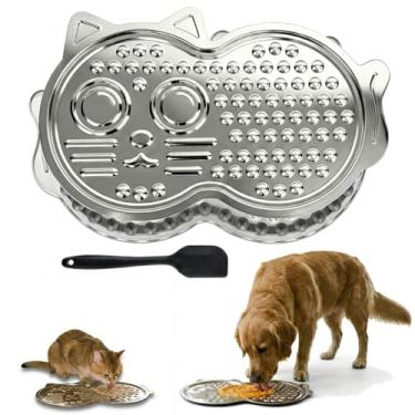 Imagem de Tapete de lambida de aço inoxidável à prova de mastigação para cães e gatos - GG alimentador lento em forma de gato de 38 cm com ventosas para alívio da ansiedade e do tédio - Tapete indestrutível de