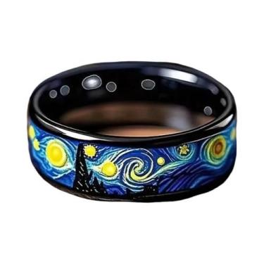 Imagem de Anel Masculino Com Padrão De Noite Estrelada Preta, Aliança Unissex, J