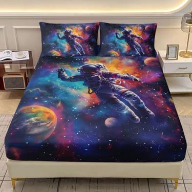 Imagem de AILONEN Jogo de lençol casal astronauta 3D, céu estrelado, planeta, tema do espaço sideral, astronauta, lençol com bolso profundo + 2 fronhas, 3 peças