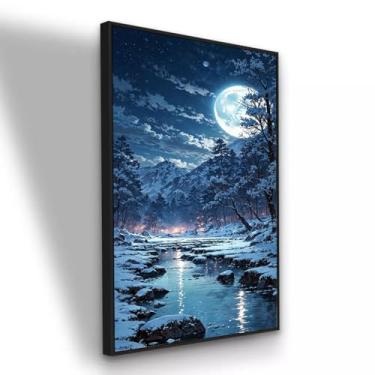 Imagem de Quadro Canvas Lua cheia sobre rio nevado 120x80 cm com Moldura Preta