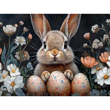 Imagem de KYOQFVN Kits de pintura de diamante de coelho para adultos - Kits de arte de diamante de ovo de Páscoa para adultos, pintura artística de pedra redonda completa da Diamond para decoração de parede de