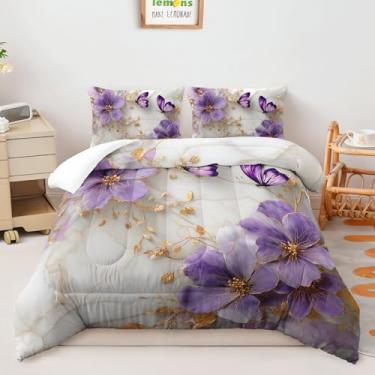 Imagem de AILONEN Conjunto de edredom de flor roxa, tamanho solteiro, luxuoso, branco e dourado, com 2 fronhas, conjunto de cama de borboleta, 3 peças para meninas e mulheres