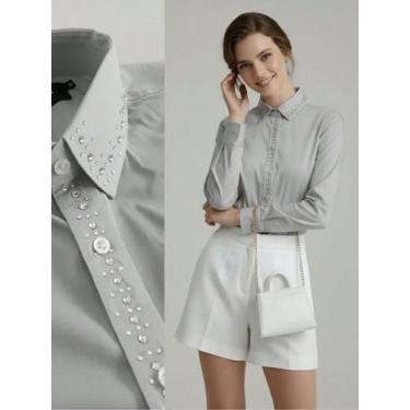 Imagem de Camisa Social Feminina com Linha de Strass Premium Cinza Gola e Peito 