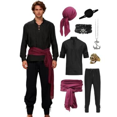 Imagem de Verceco Fantasia masculina de pirata, fantasia renascentista, roupa medieval masculina com calça pirata, camisas, acessórios de faixa (preto, 3GG)