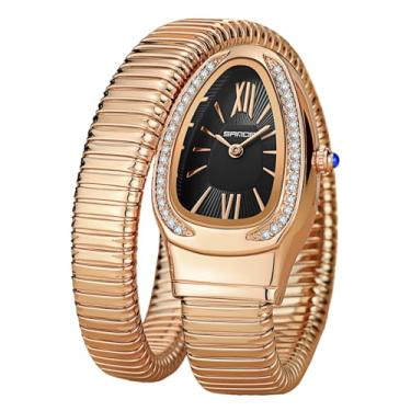 Imagem de Gosasa Relógio feminino elegante em forma de cobra, design exclusivo, bobina de cobra, vestido elegante, pulseira de diamante, relógio de pulso feminino de quartzo com mostrador de algarismos romanos