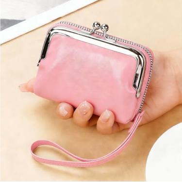 Imagem de Carteira compacta vintage para mulheres, bolsa elegante de couro PU, bolsa de moedas feminina com fecho de pressão, zíper e cadeado Kiss, rosa, Carteira