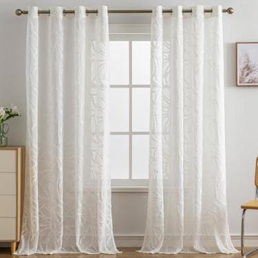 Imagem de Huierxun Conjunto de cortinas semitransparentes com folhas boho, 223,5 cm de comprimento, 2 painéis para sala de estar/quarto, cortinas de painel transparente de voile com ilhós tropicais (branco, 139