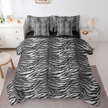 Imagem de Erosebridal Conjunto de edredom Queen com estampa de tigre (cinza escuro gradiente) para crianças, adolescentes e adultos | Conjunto de cama de 7 peças com estampa de animais selvagens, estampa de