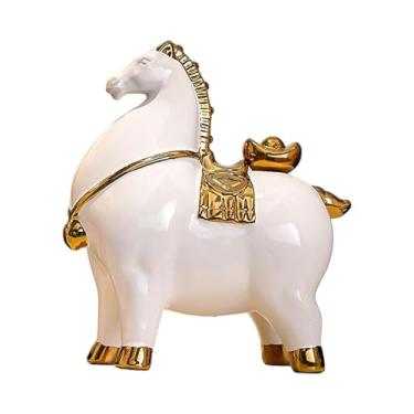 Imagem de Fenteer Estatueta de Cavalo para Mesa, Escultura de Cavalo, Decoração Feng Shui para Lareira ou Estante, Cavalo Branco E Dourado