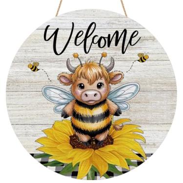 Imagem de YINENA Girassol Highland Vaca Abelha Sinal de Porta de Madeira Cabide de Porta Exterior Decoração de Casa de Fazenda Verão Guirlanda de Madeira Decoração de Parede Interior