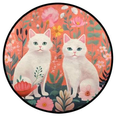Imagem de Tapete redondo para gatos com flores 92 cm, tapete de entrada absorvente antiderrapante, lavável, tapete circular para gatos engraçados para sala de estar, berçário, decoração de casa